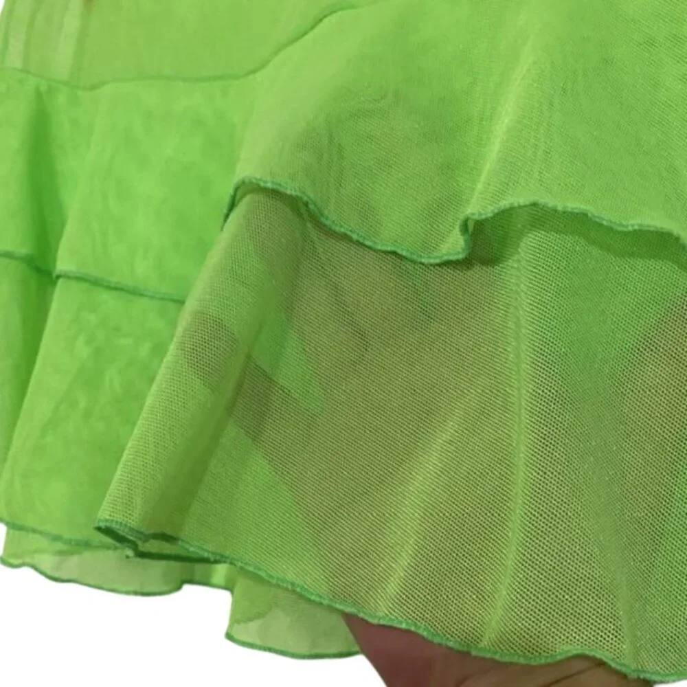 Zuliana Y2K Neon Green Ruffle Micro Mini Skirt Sheer Tiered Festival Rave Size M